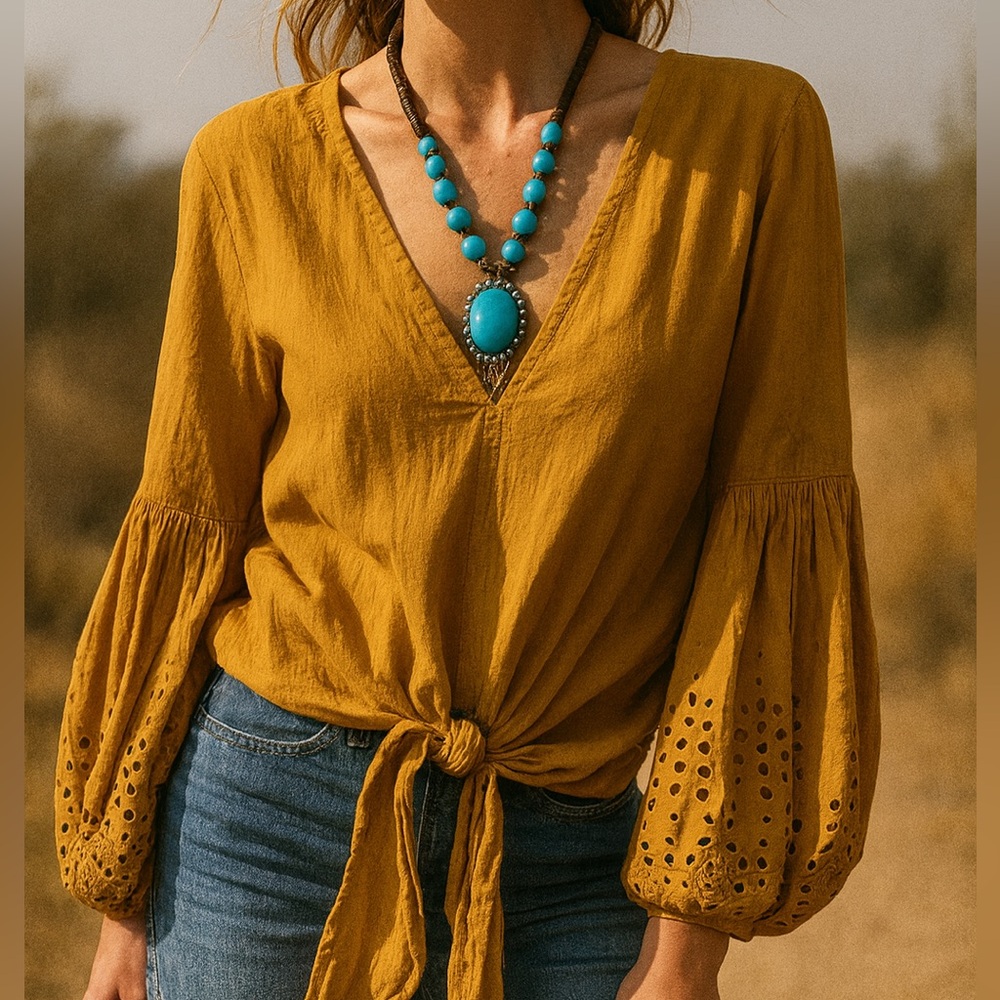 Lovestitch Mustard Tie-Front Boho Balloon Sleeve  Eyelet Blouse Size Medium